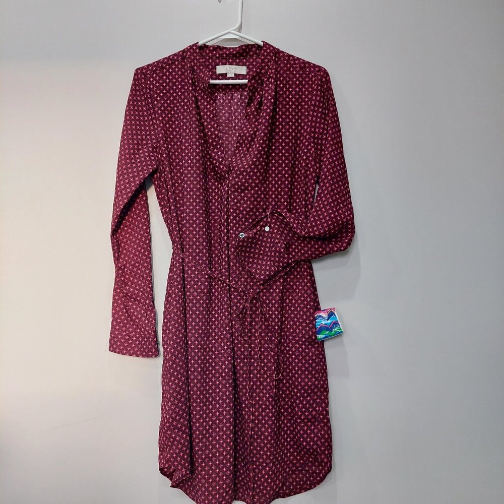 LOFT By Ann Taylor Women's Size M Burgundy & Pink Flower Long Sleeve Dress